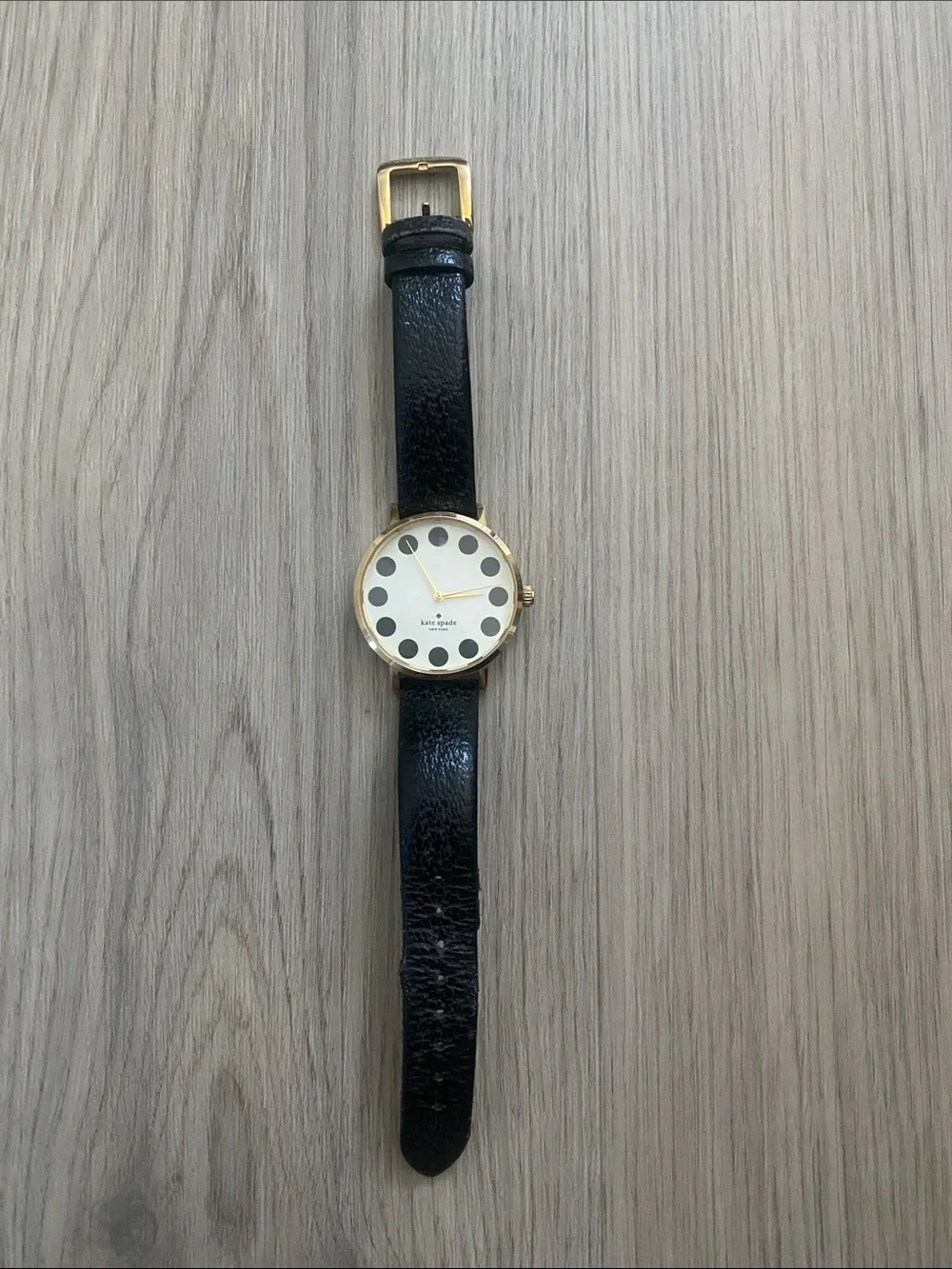 kate spade Black Leather Strap Watch with Gold Case and Polka Dot Dial